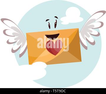 Dark yellow envelope with a red heart and wings smiling vector illustrtation in light blue circle on white background. Stock Vector