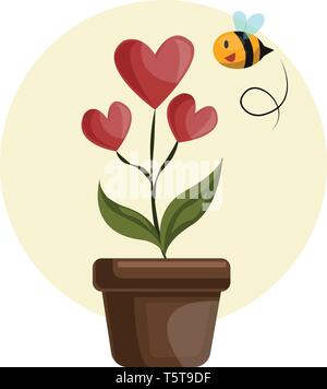 House plant with hearts in stead of flowers grren leafs and flying bee vector illustration on white background. Stock Vector