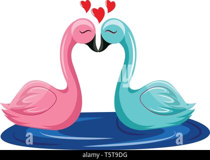 Pink and blue swan kissing in the water vector illustration on white background. Stock Vector