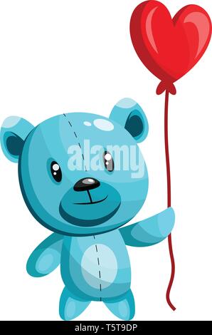 Blue bear holding a heart shaped red balloon vector illustration on white background. Stock Vector