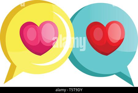 Yellow chat bubble with a pink heart and blue chat bubble with a red heart vector illustration on white background. Stock Vector