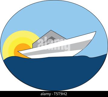 White boat on blue water with a yellow and orange sun in the background vector illustration on white background. Stock Vector