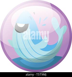 Cartoon character of a happy blue whale in the water vector illustration in light purple circle on white background. Stock Vector