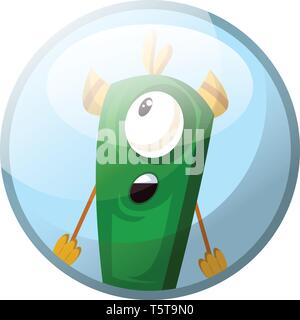 Cartoon character of a green monster with one eye looking suprised vector illustration in blue circle on white background. Stock Vector