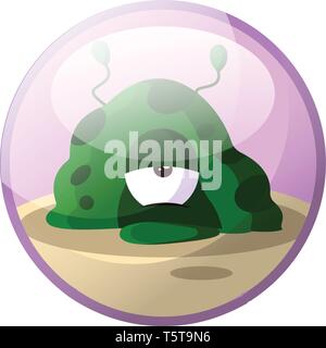 Cartoon character of a green monster looking tired vector illustration in light purple circle on white background. Stock Vector