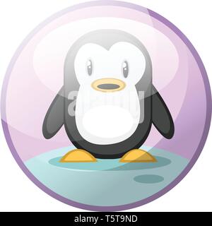 Cartoon character of black and white penguin standing on snow vector illustration in light violet circle on white background. Stock Vector