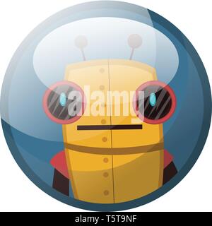 Cartoon character of yellow retro robot with big black eyes vector illustration in light blue circle on white background. Stock Vector