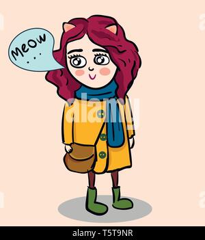 Cartoon of cat girl in yellow coat and blue scarf vector illustration on white background. Stock Vector