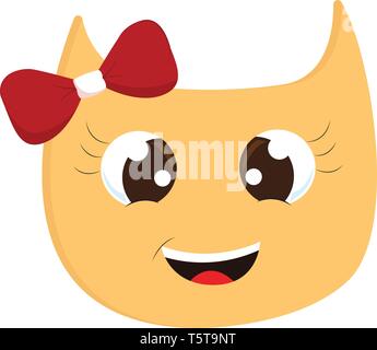 Yellow smiling cat with red hair bow vector illustration on white background. Stock Vector