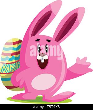 Pink Easter bunny with big ears carry an egg and waving  illustration web vector on white background Stock Vector