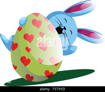 Blue bunny holding easter egg with painted hearts illustration web vector on a white background Stock Vector