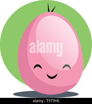 Pink Easter egg smiling in front of a green circle illustration web vector on a white background Stock Vector