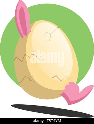 Easter bunny in cracked egg smiling in front of a green circle illustration web vector on a white background Stock Vector