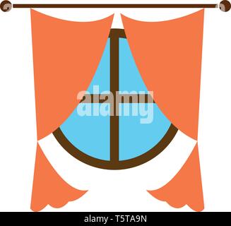 An image of a circle shaped window and peach curtains vector color drawing or illustration Stock Vector