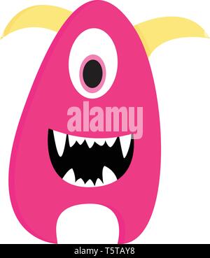 Cute smiling pink one-eyed monster with yellow horns vector illustration on white background Stock Vector