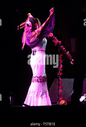 Merida, Yucatan, Mexico - 2013: Famous Mexican musician Lila Downs performing at a free outdoors show to celebrate the city's anniversary. Stock Photo