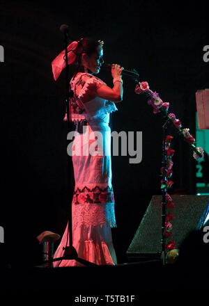 Merida, Yucatan, Mexico - 2013: Famous Mexican musician Lila Downs performing at a free outdoors show to celebrate the city's anniversary. Stock Photo