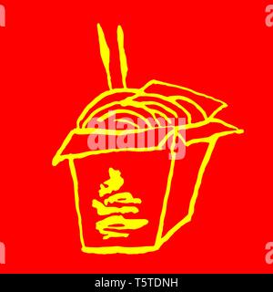Asian noodle in box icon. Grunge ink brush vector illustration. Food flat illustration. Stock Vector