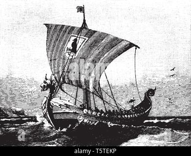 Engraving of a Viking ship, marine vessels of unique design, built by ...