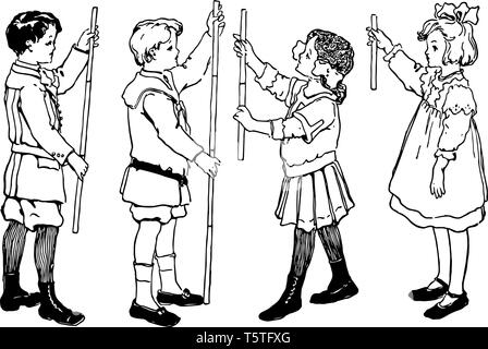 Children holding a ruler. Vector black and white coloring page Stock ...