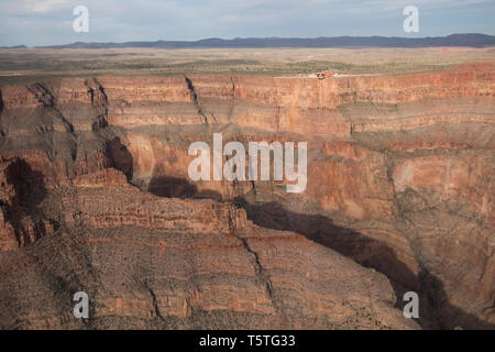 Aerial of the Grand Canyon West Rim with the famous The Skywalk Bridge at Eagle Point in the Hualapai Nation. Stock Photo