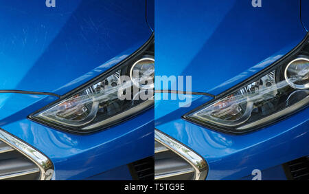 Car detailing  theme.  Remove scratches on car blue paint Stock Photo