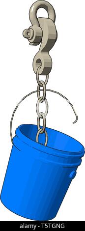 Blue plastic bucket on a big grey hook vector illustration onn white background Stock Vector