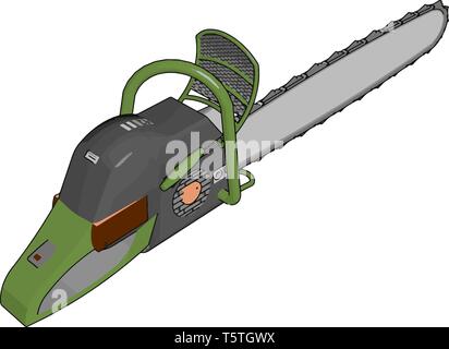3D vector illustration of a grey and green chain saw white background Stock Vector