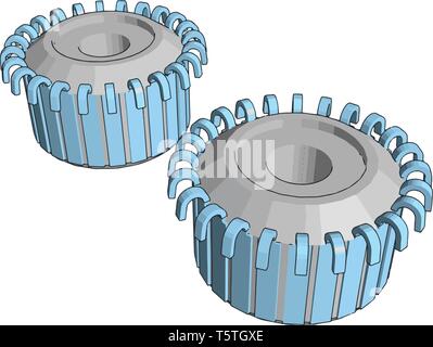 3D vector illustration on white background of two  blue and grey gear wheels Stock Vector