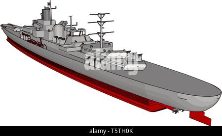 3D vector illustration of a long red and grey military war ship on a white background Stock Vector