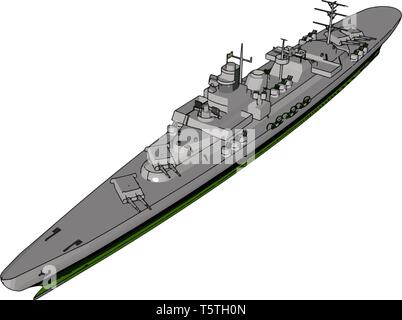 3D vector illustration of a long grey military ship on a white background Stock Vector