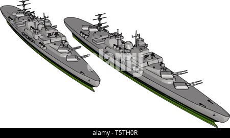 3D vector illustration of a two long grey military ships on a white background Stock Vector