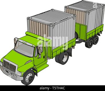 Green container truck with trailer vector illustration on white background Stock Vector