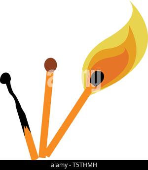 Three matchsticks of which the first one is burnt the second one is yet to be light and the third one is ignited vector color drawing or illustration Stock Vector