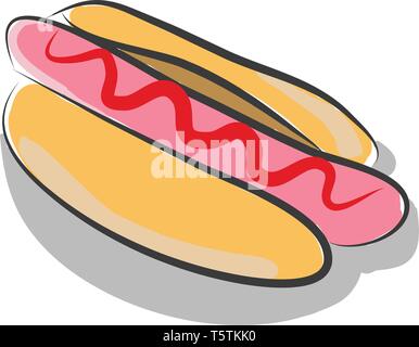 A pink-colored grilled or steamed link-sausage sandwich with red sauce in it vector color drawing or illustration Stock Vector