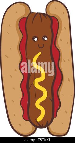 A red-colored grilled or steamed link-sausage sandwich with two eyes vector color drawing or illustration Stock Vector