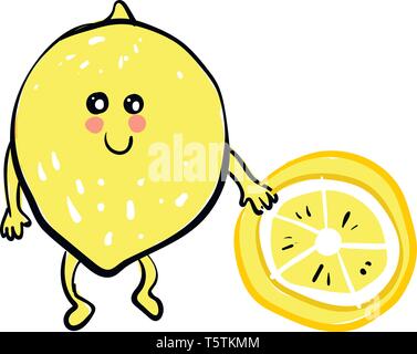 A lemon emoji holding a piece of half-cut lemon vector color drawing or illustration Stock Vector