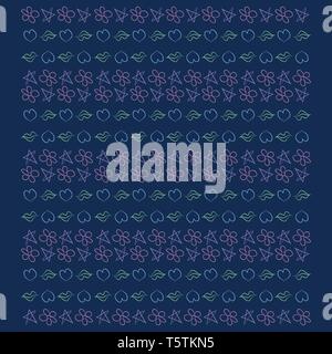 A regular pattern of lips stars flowers and hearts arranged in rows against a bright blue background vector color drawing or illustration Stock Vector