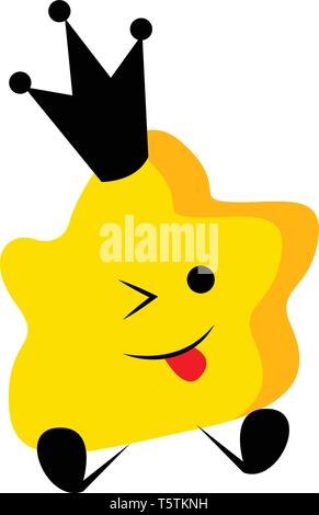 A yellow-colored cute little queen star is wearing a black-colored crown with its tongue hanging out while sitting vector color drawing or illustratio Stock Vector