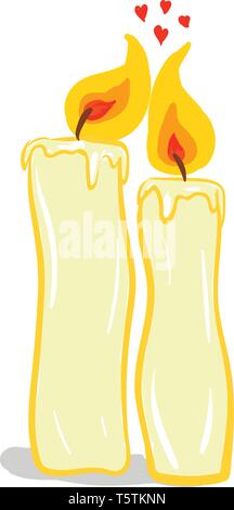 Two yellow-colored love candles placed closer to each other is glowing light against a white background with few heart-shaped red-colored fumes vector Stock Vector
