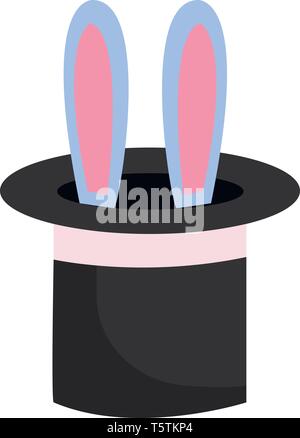 A black-colored magician's hat displays only the ears of a rabbit that is in blue and pink color vector color drawing or illustration Stock Vector