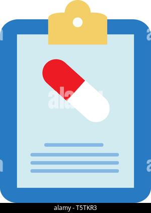 Doctor's prescription clipped to a blue-colored writing pad and an oval-shaped capsule in two different colors white and red vector color drawing or i Stock Vector