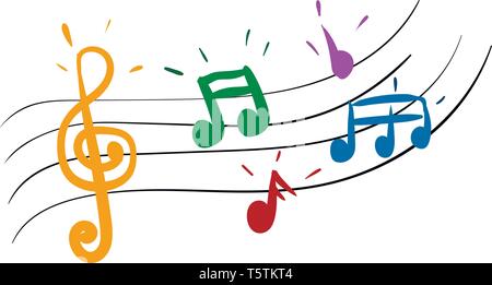 Cartoon multi-colored musical notes in red yellow blue green and purple colors vector color drawing or illustration Stock Vector