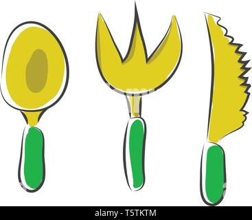 Cartoon Noah spoon knife and fork in yellow and green-colored combinations used while eating vector color drawing or illustration Stock Vector