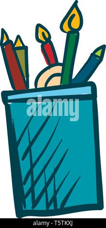 Painting of a blue-colored pencil case holding some sharpened and blunt color pencils vector color drawing or illustration Stock Vector