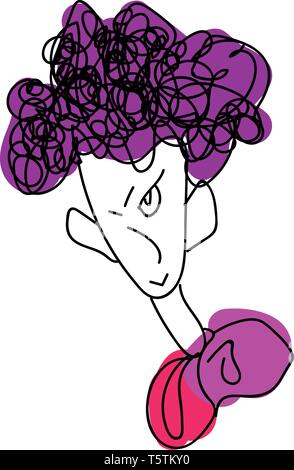 Line art of a skinny boy with big ears and purple hair color has curly hair and gives a strange look vector color drawing or illustration Stock Vector