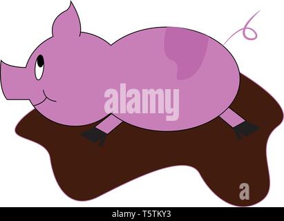 A happy pig purple in color is dancing in the mud with its eyes rolled up vector color drawing or illustration Stock Vector
