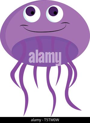 A smiling purple-colored cartoon jellyfish with umbrella-shaped bells bulging eyes and trailing tentacles vector color drawing or illustration Stock Vector