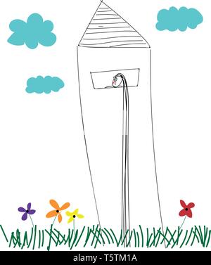 Line art of a lighthouse erected above the grasslands with multi-colored flowers on a cloudy day vector color drawing or illustration Stock Vector