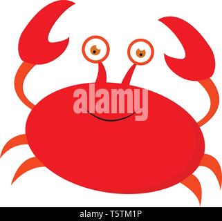 A smiling cute little red cartoon crab with two sharp pincers four walking legs and two bulging eyes is extremely happy vector color drawing or illust Stock Vector